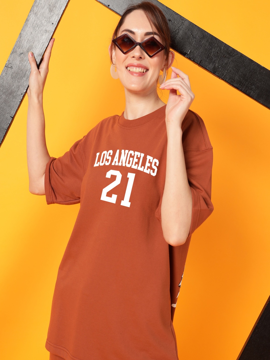 

Dogman Women Abzorb Varsity Printed Round Neck Cotton Oversized T-shirt, Brown