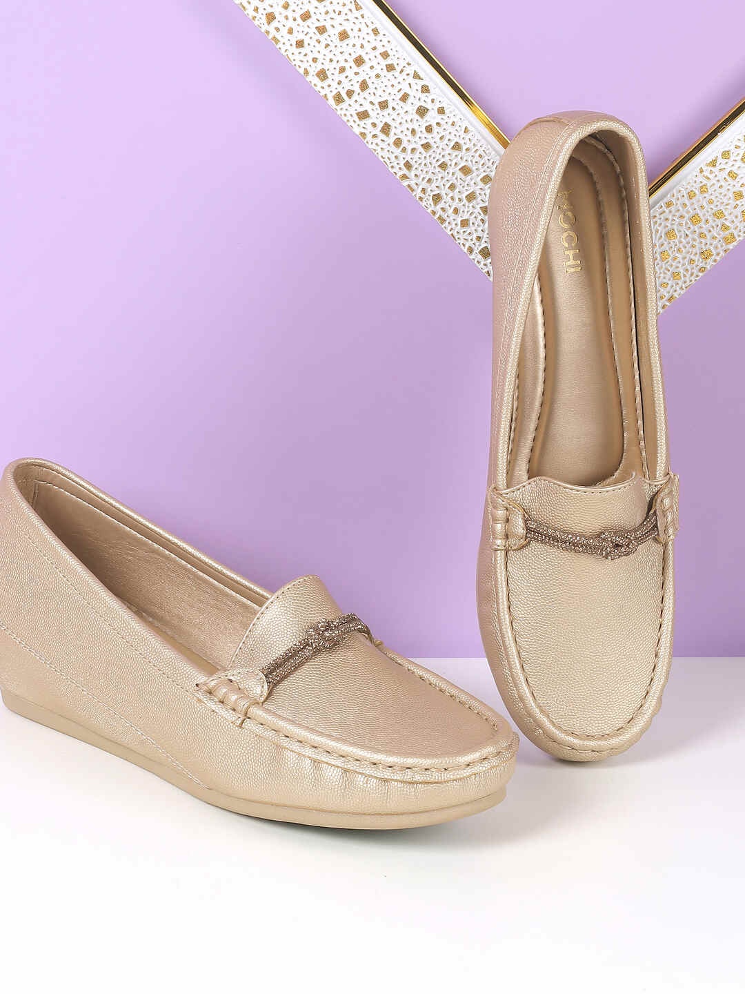 

Mochi Women Textured Embellished Loafers, Beige