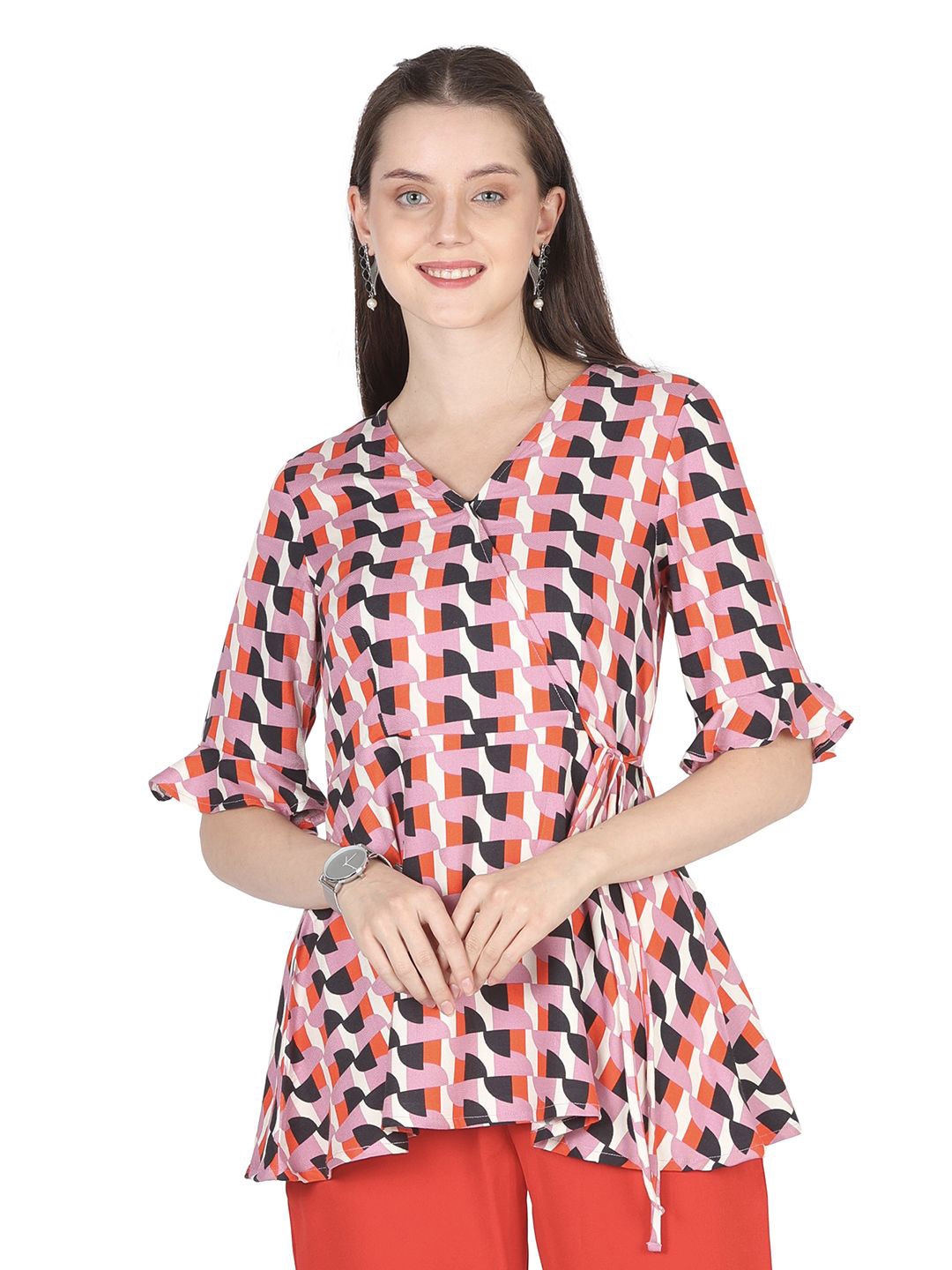 

PRIDEWEAR Women Printed Bell Sleeve Peplum Top, Lavender