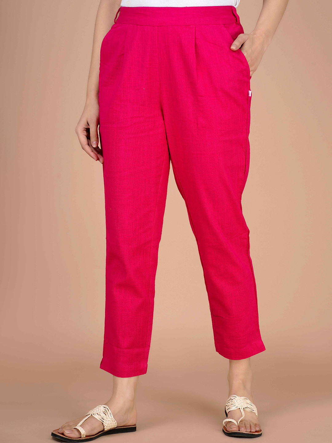 

JONAYA Women Cotton Mid Rise Trousers, Pink