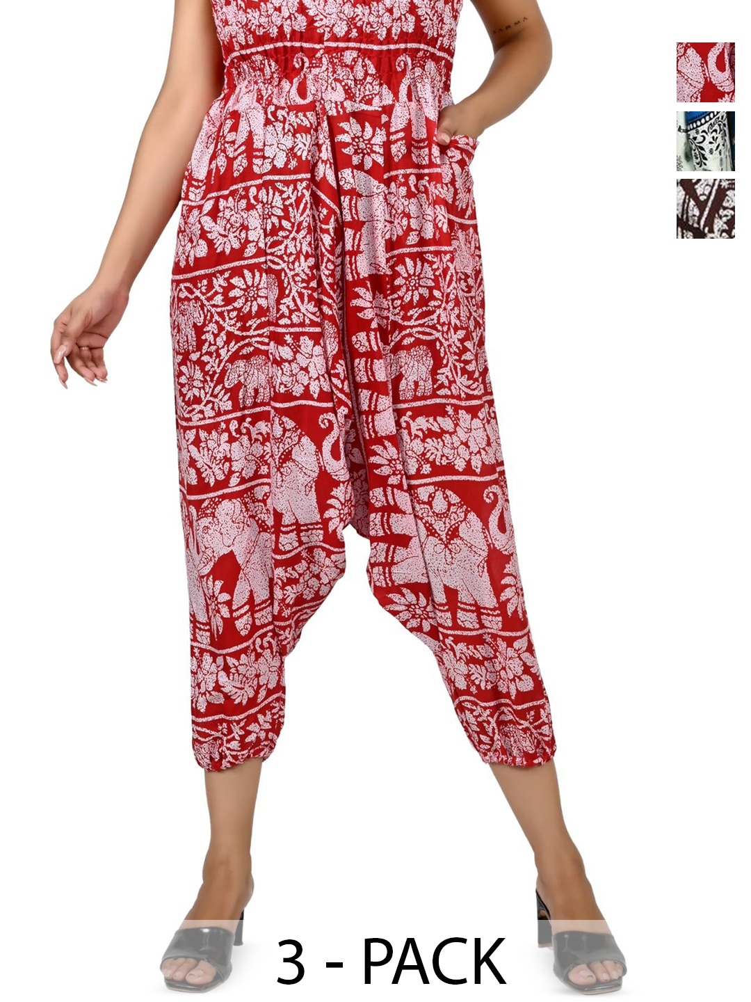 

NarNari Pack Of 3 Printed Mid-Rise Harem Pants, Red