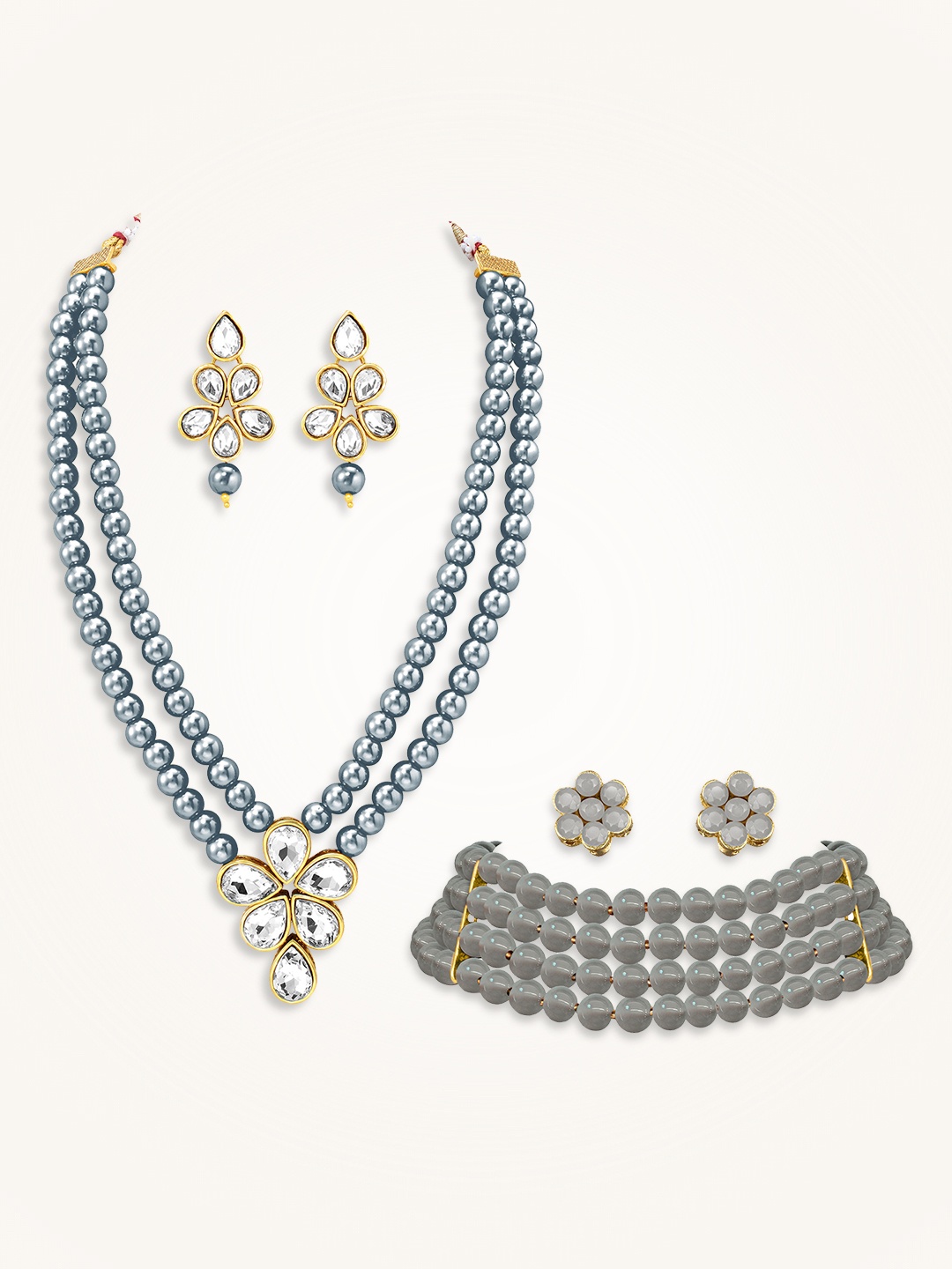 

Peora Set Of 2 Gold Plated Stones Studded & Beaded Choker & Long Jewellery Set