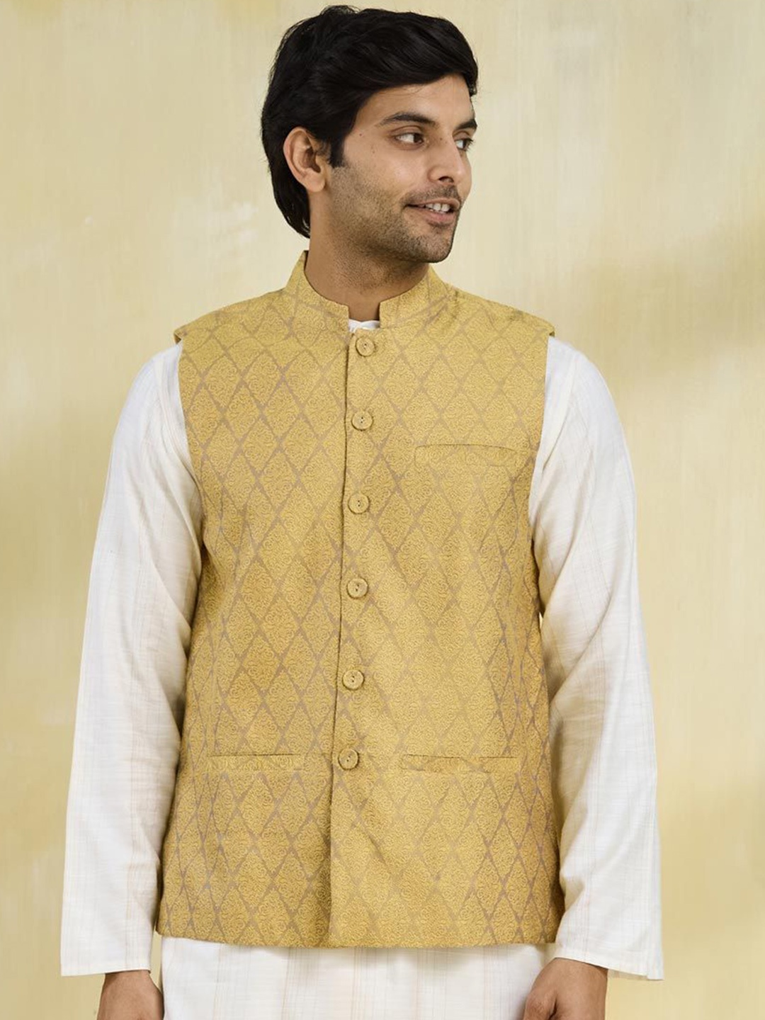 

Fabindia Men Woven Design Nehru Jacket, Yellow