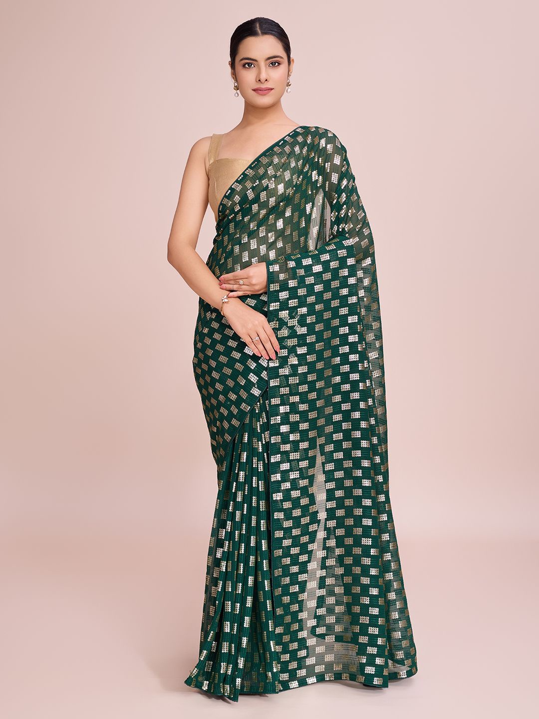 

Moda Rapido Embellished Sequinned Pure Georgette Saree, Green