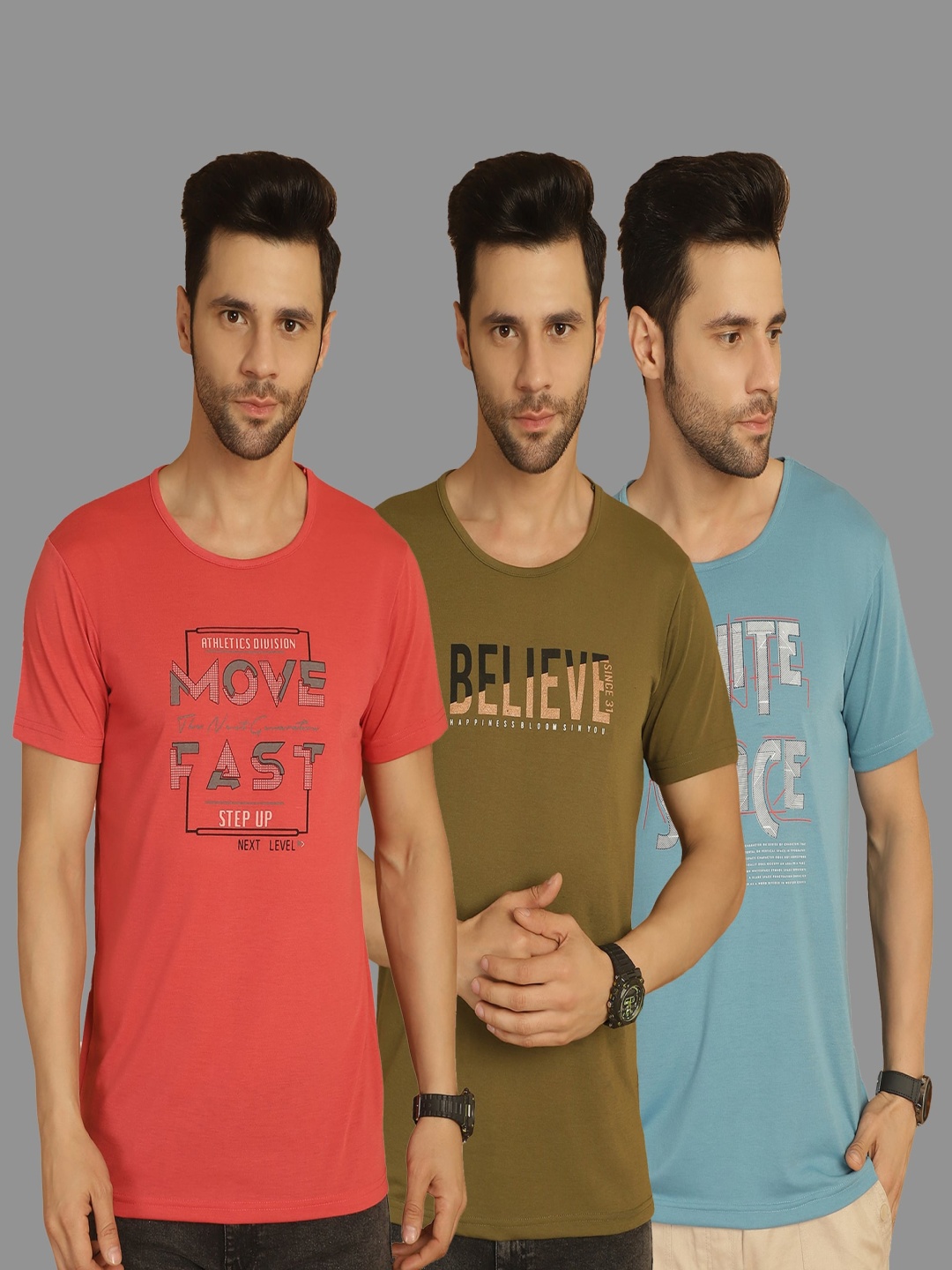 

MACK JONNEY Men Pack Of 3 Typography Printed Round Neck Cotton T-shirts, Coral