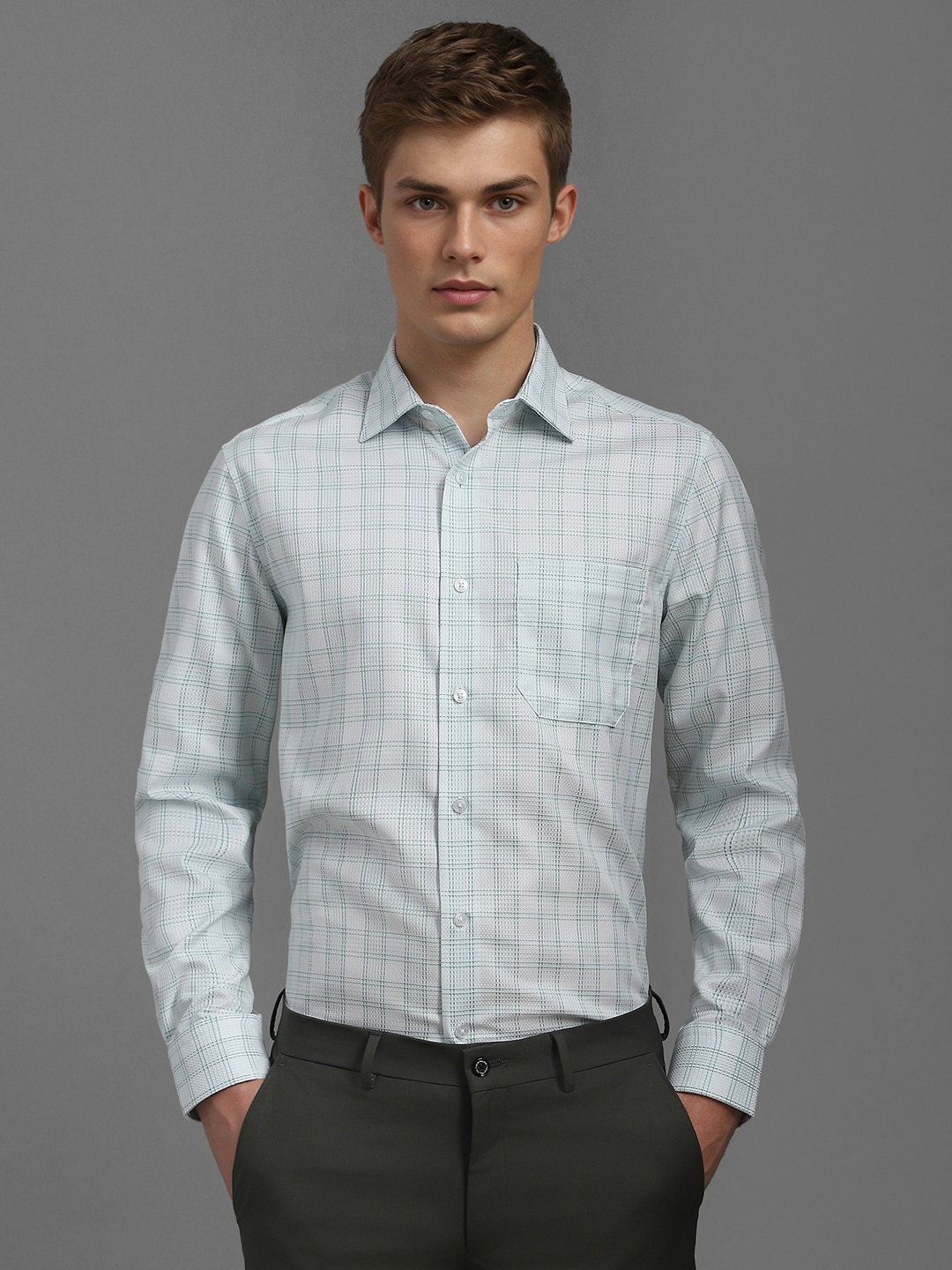 

Louis Philippe Men Classic Fit Spread Collar Checked Cotton Formal Shirt, White