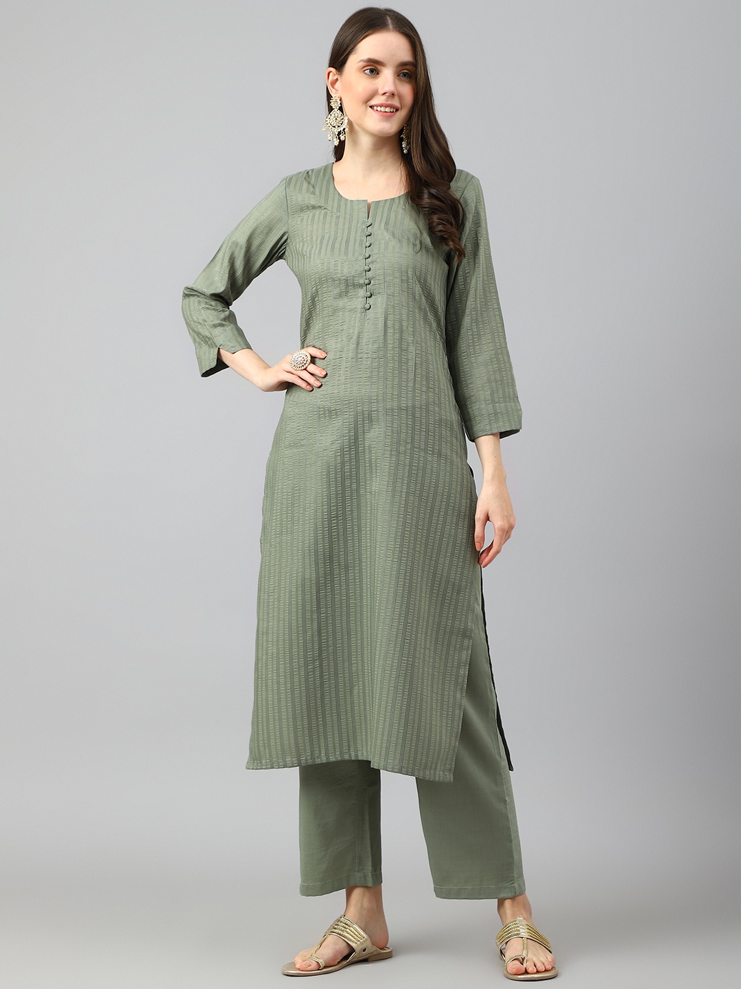 

Fourleaf Women Striped Regular Thread Work Kurta with Trousers, Green