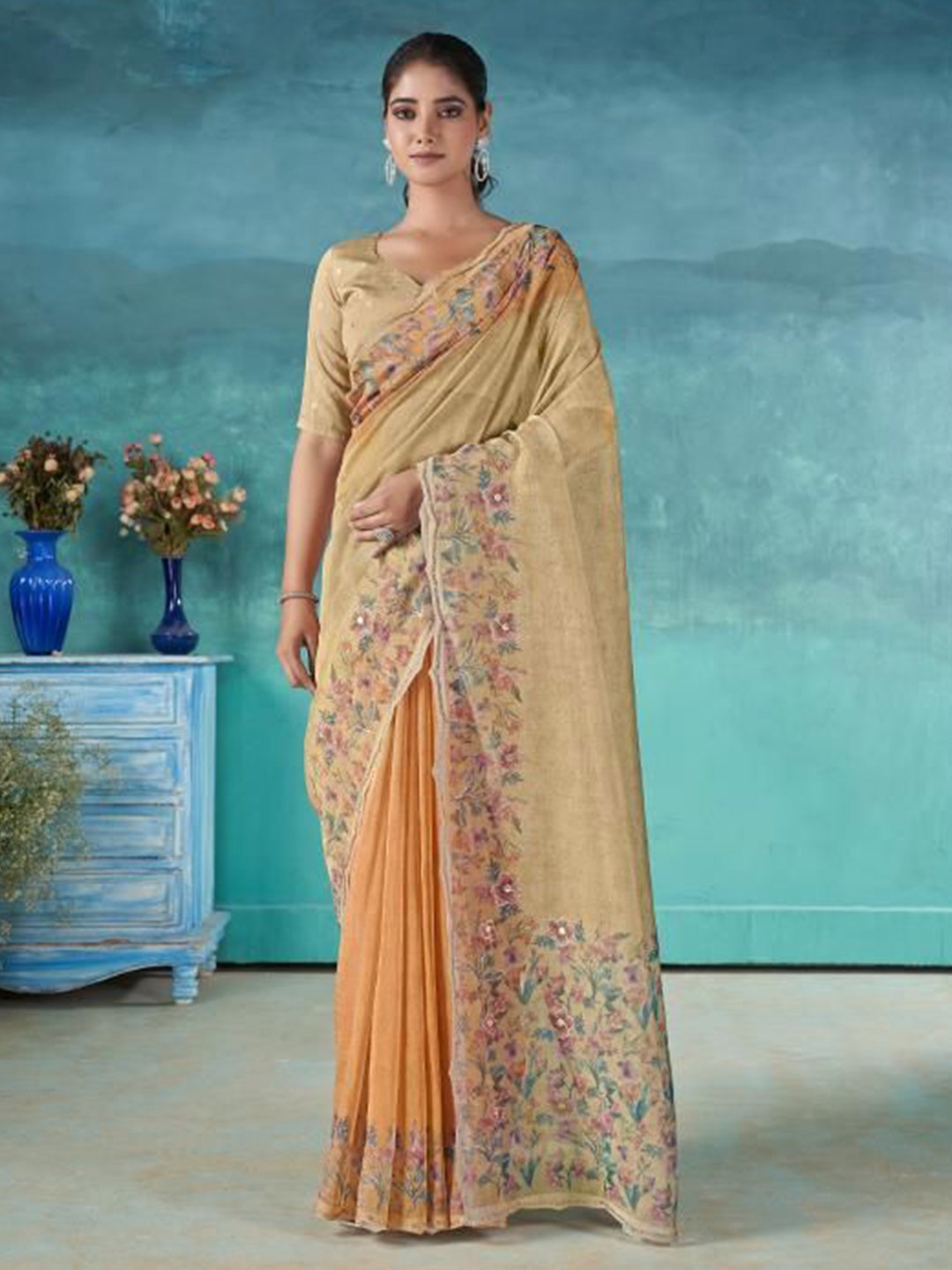 

Ethnielle Floral Embellished Beads and Stones Saree, Mustard