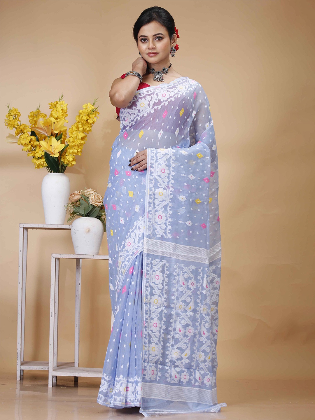 

SRILOK Woven Design Zari Pure Cotton Jamdani Saree, Blue