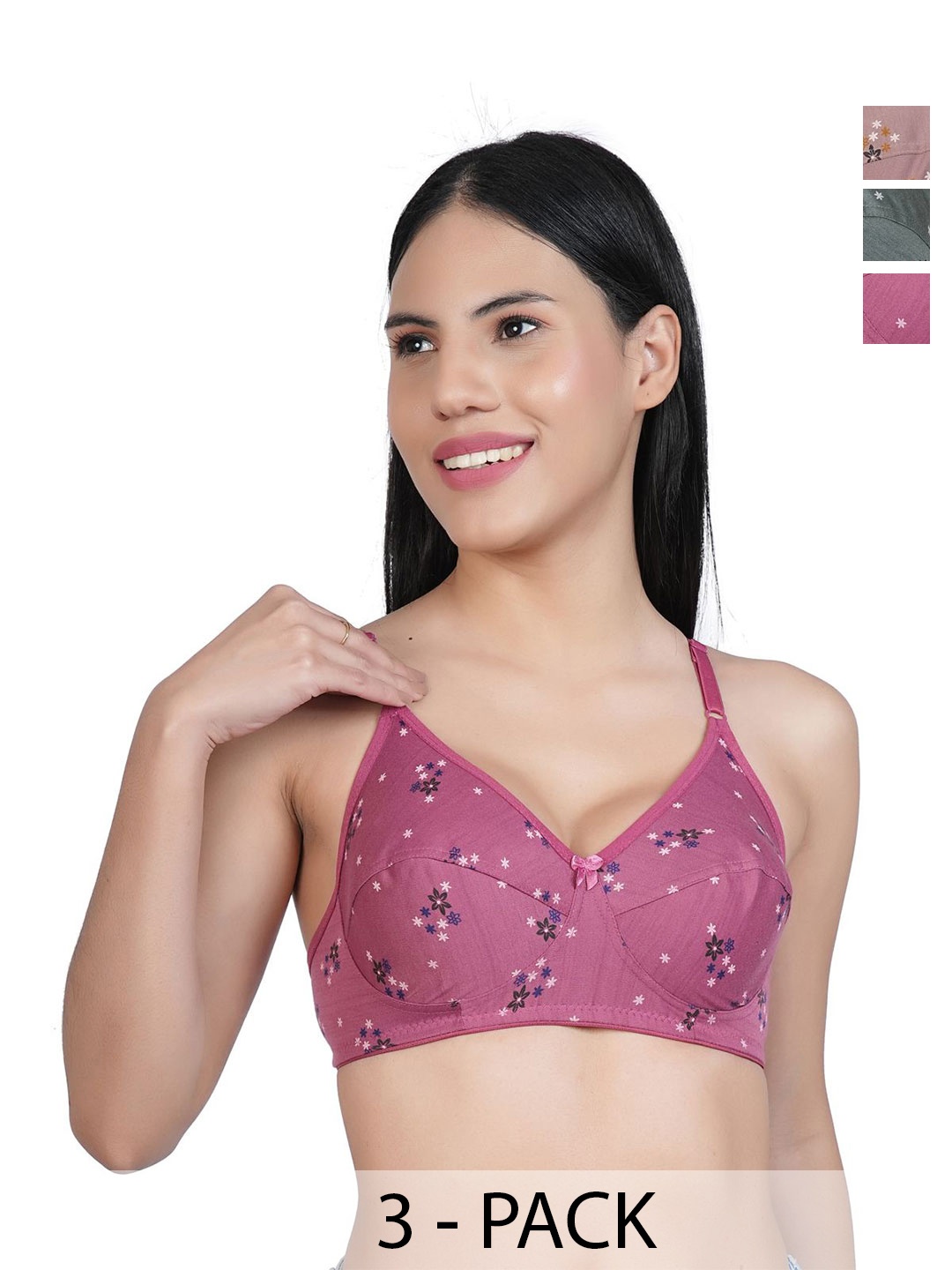 

Docare Women Pack of 3 Floral Printed Full Coverage Non Padded Bra, Purple