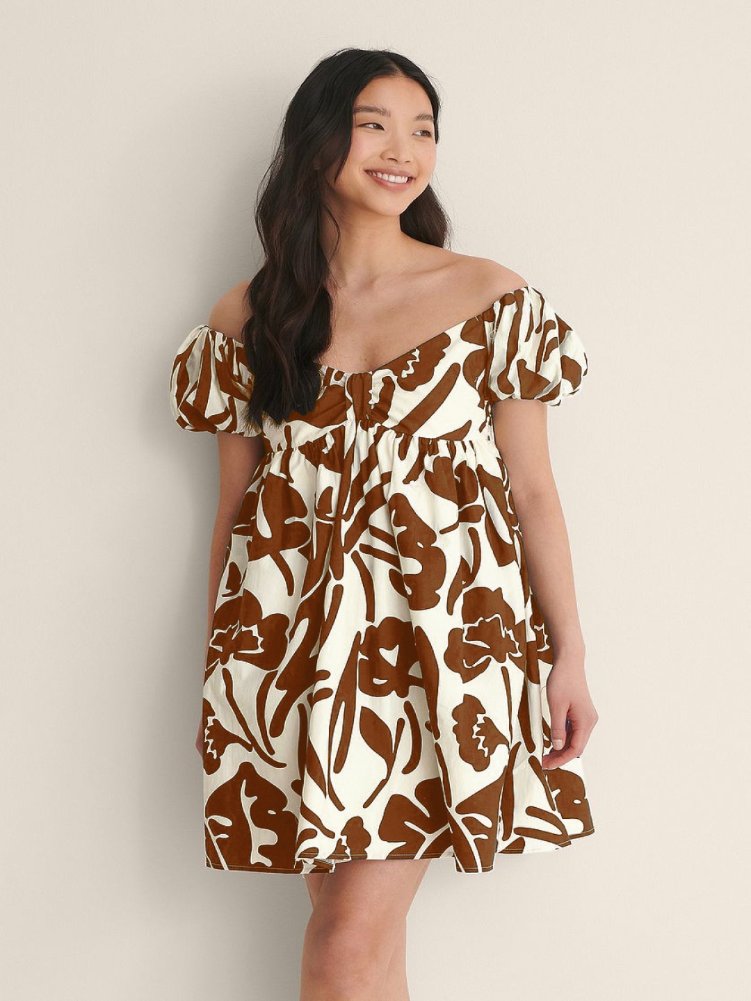 

DressBerry Floral Puff Sleeve Fit & Flare Mini Dress, Brown
