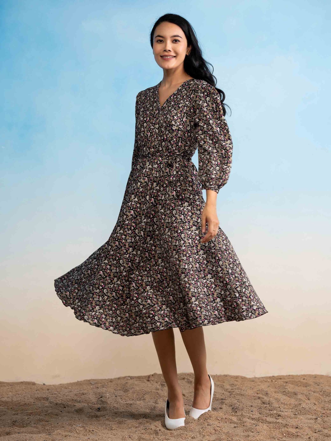 

DressBerry Women Floral Printed Crepe Wrap Dress, Black