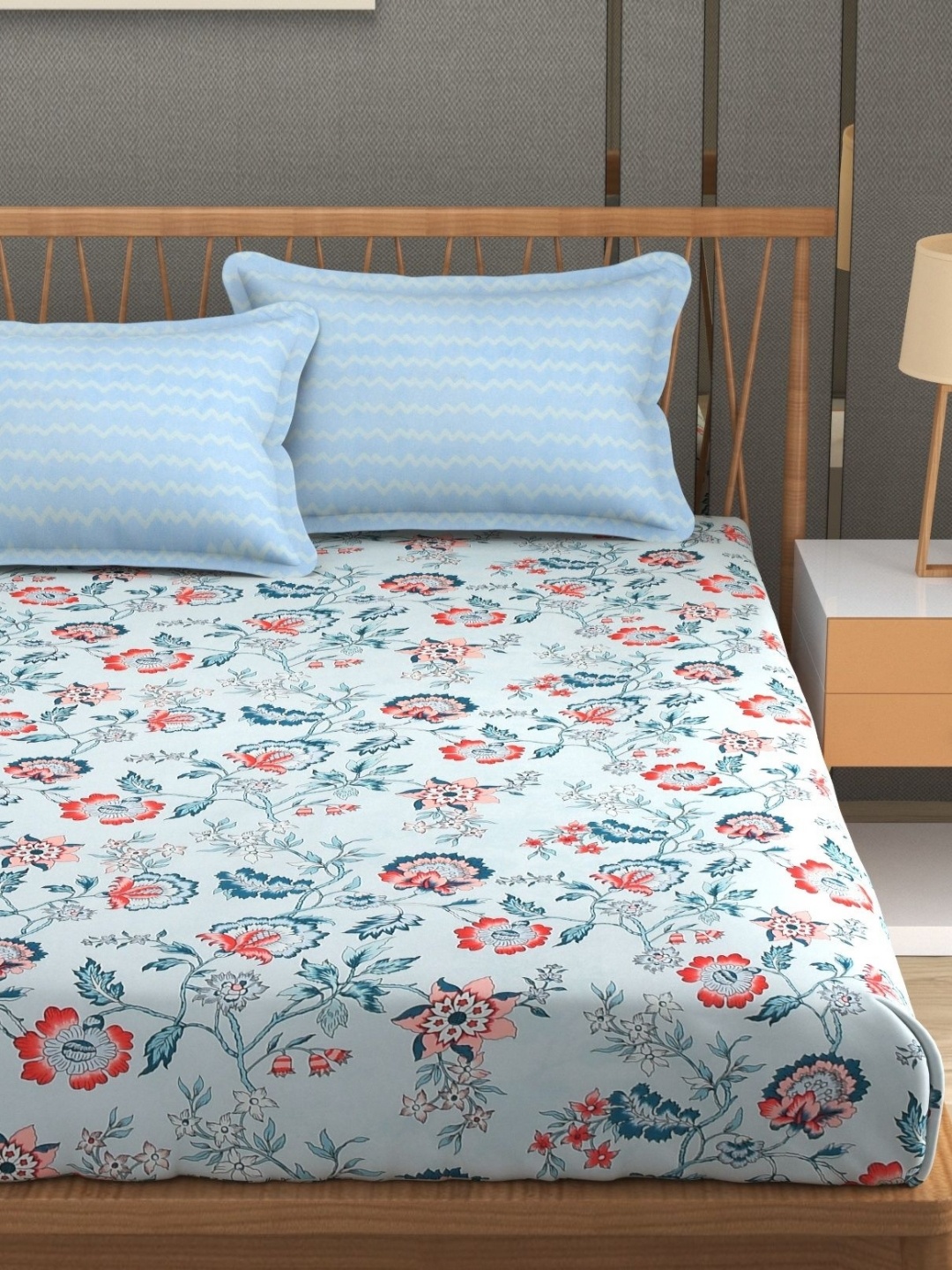 

MAFATLAL Blue & Pink Floral 160 TC Queen Bedsheet with 2 Pillow Covers