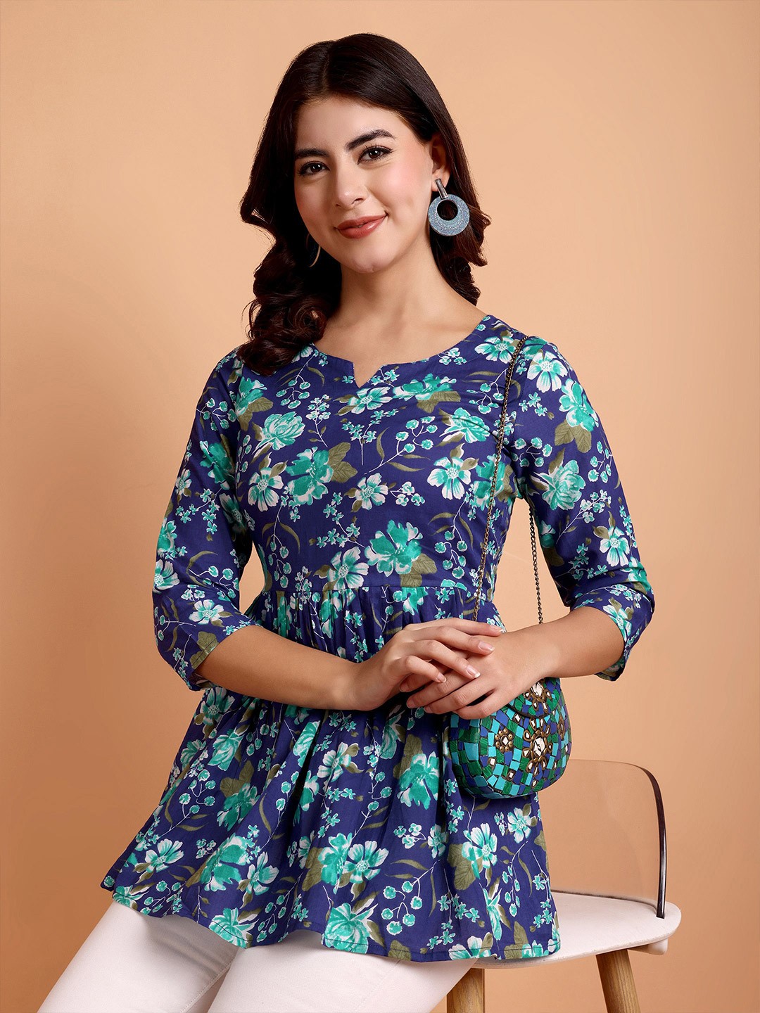 

WILL BOTTOM Floral Print Cotton Top, Navy blue