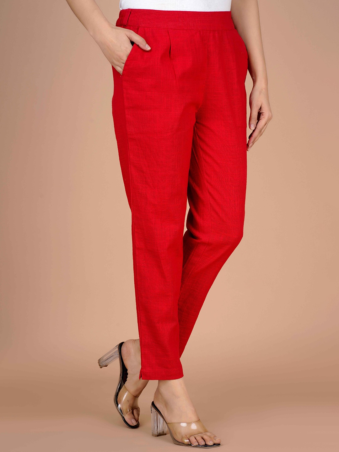 

JONAYA Women Cotton Mid Rise Trousers, Red