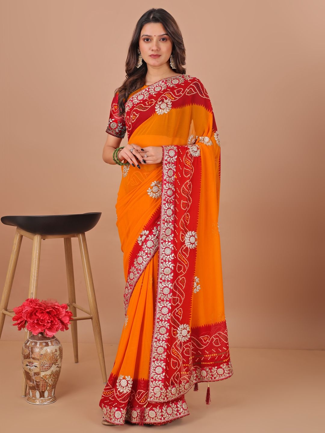 

Mitera Bandhani Embroidered Zari Bandhani Saree, Orange