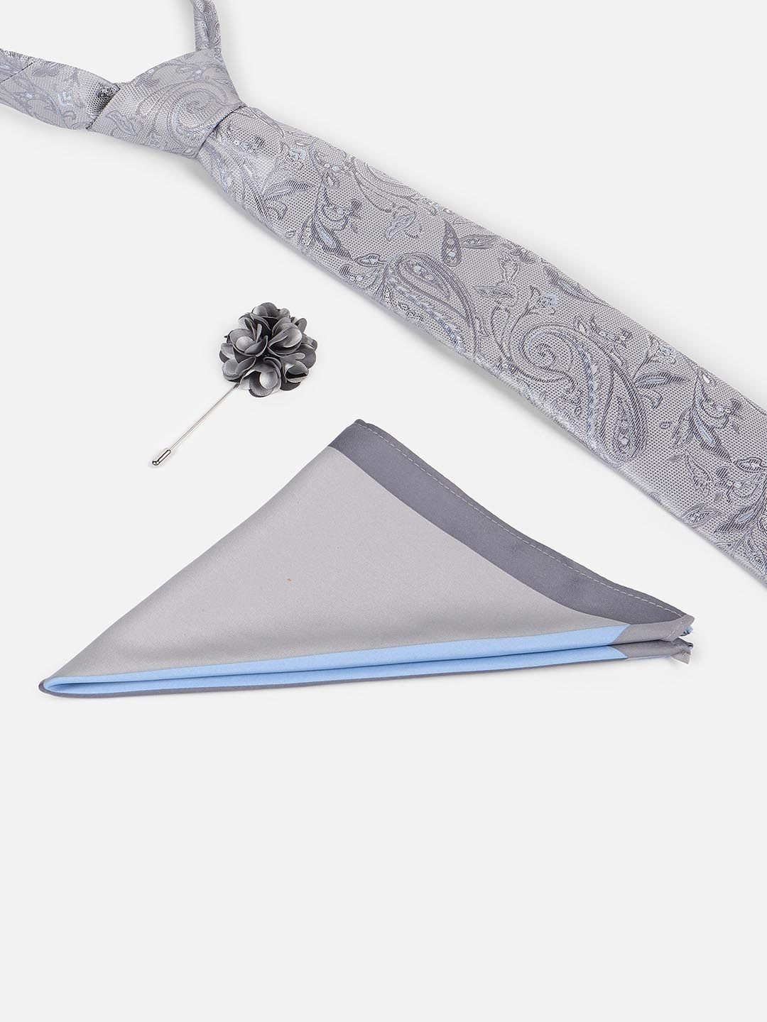 

Louis Philippe Men Tie Pocket Square And Lapel Pin Accessory Gift Set, Grey