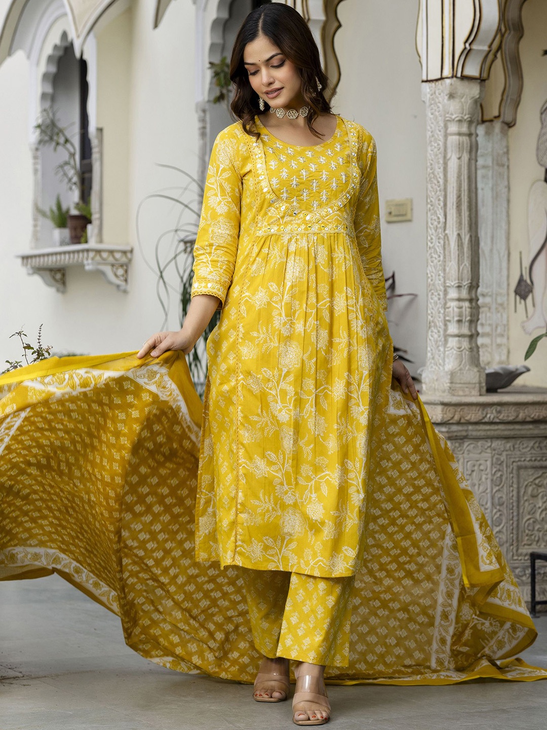 

Anouk Yellow Floral Printed Round Neck Pure Cotton A-Line Kurta With Trouser And Dupatta