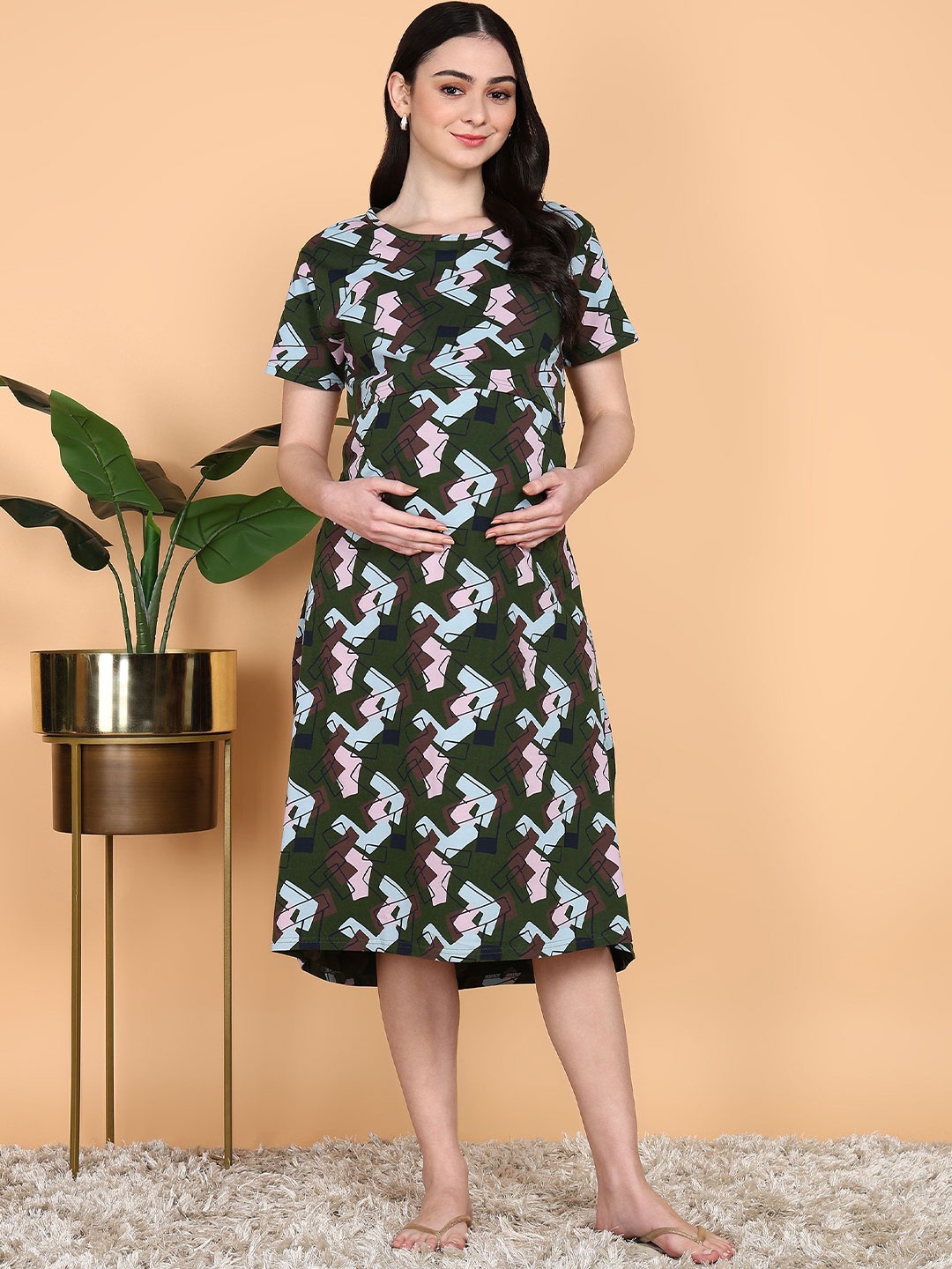 

Moms Ever Women Printed Pure Cotton Maternity Loungewear Dress, Green