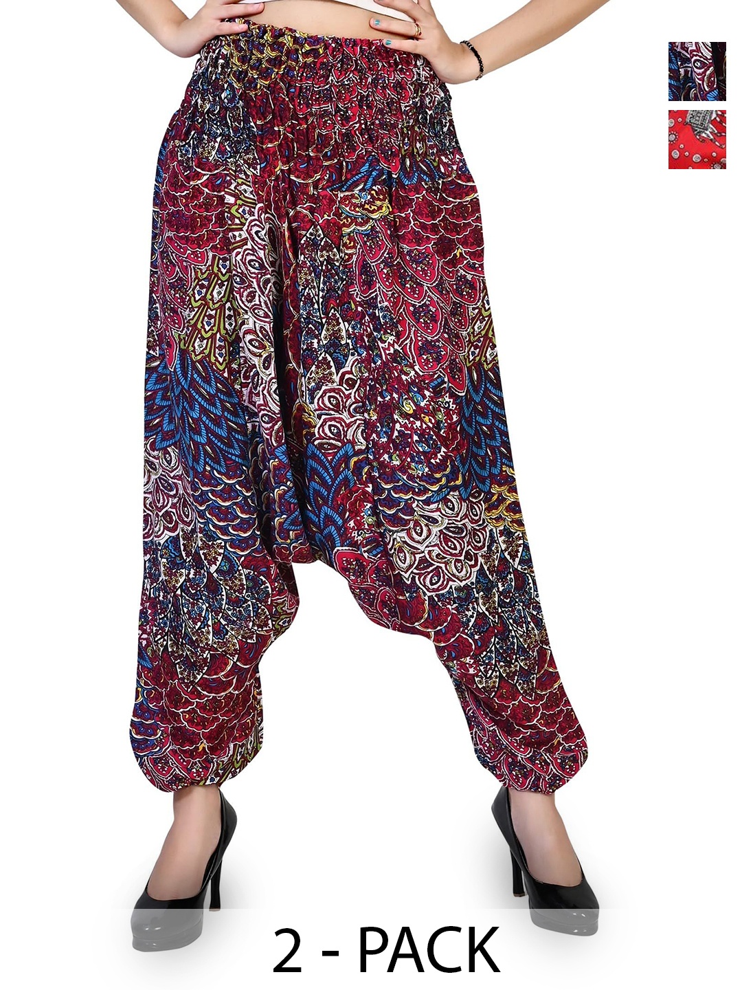 

NarNari Women Pack Of 2 Ethnic Motifs Printed High Rise Harem Pants, Red