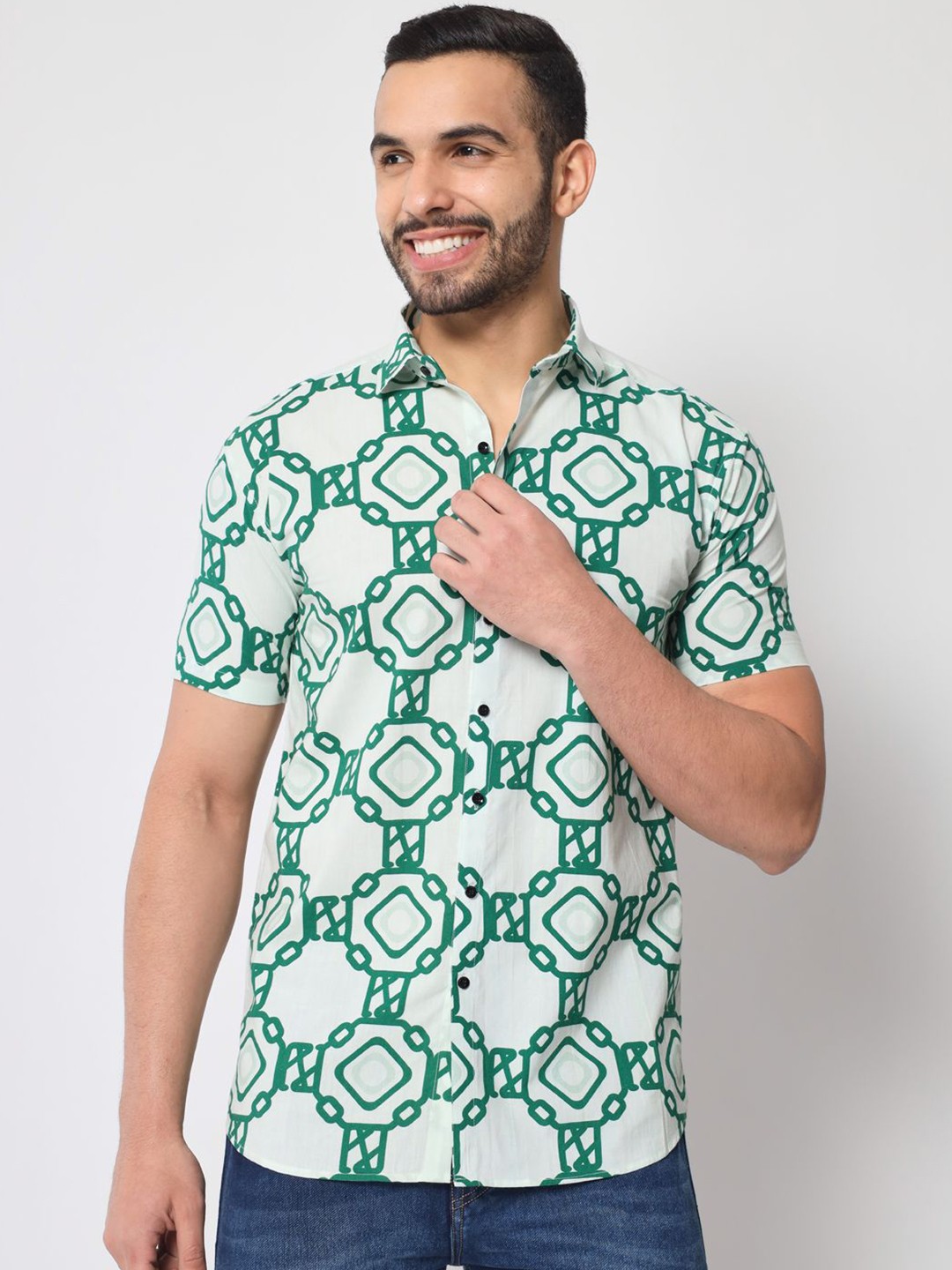

SHANLIYA Men Classic Fit Spread Collar Geometric Printed Cotton Casual Shirt, White