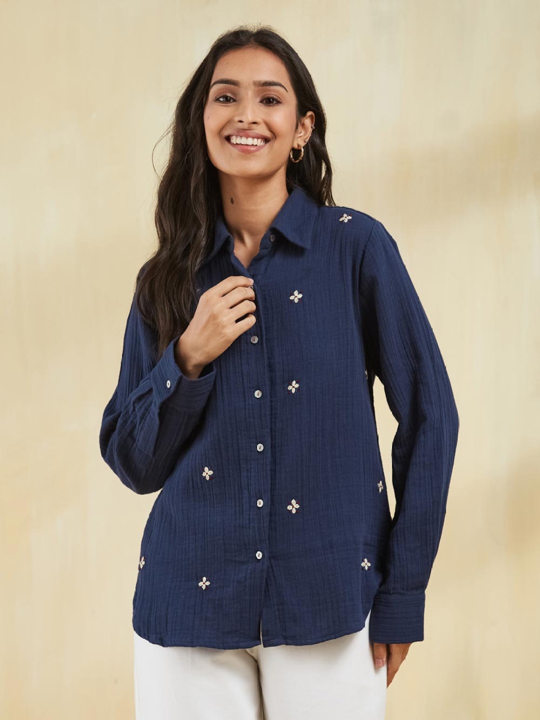 

Fabindia Women Spread Collar Floral Embroidered Cotton Casual Shirt, Navy blue