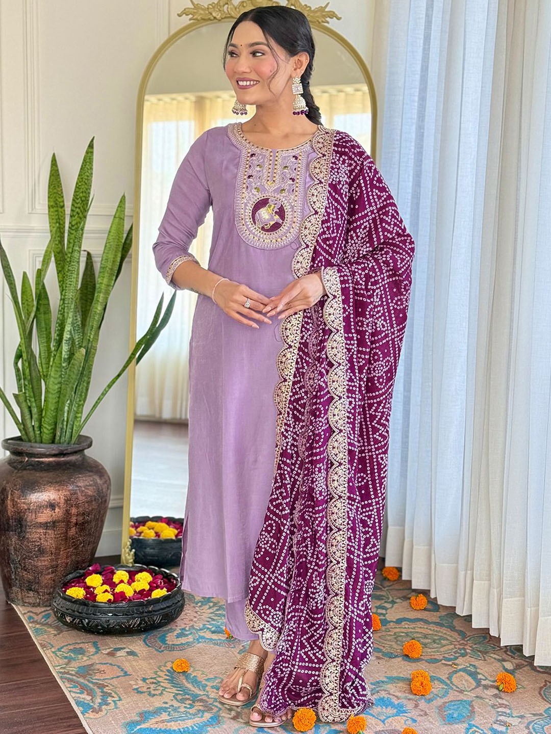 

KALINI Ethnic Motifs Embroidered Straight Kurta With Trousers & Dupatta, Lavender