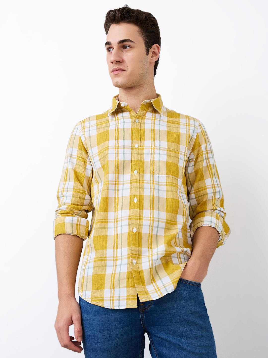 

SPYKAR Men Spread Collar Tartan Checked Cotton Casual Shirt, Yellow