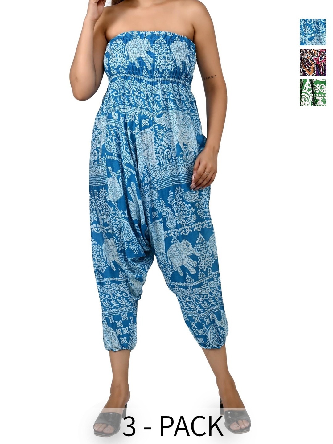 

NarNari Pack Of 3 Printed Mid-Rise Harem Pants, Green