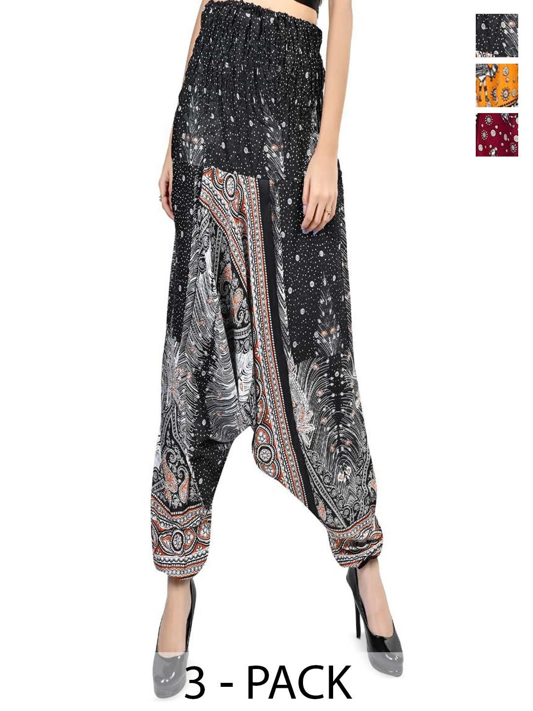 

NarNari Women Pack Of 3 Printed High-Rise Harem Pants, Black