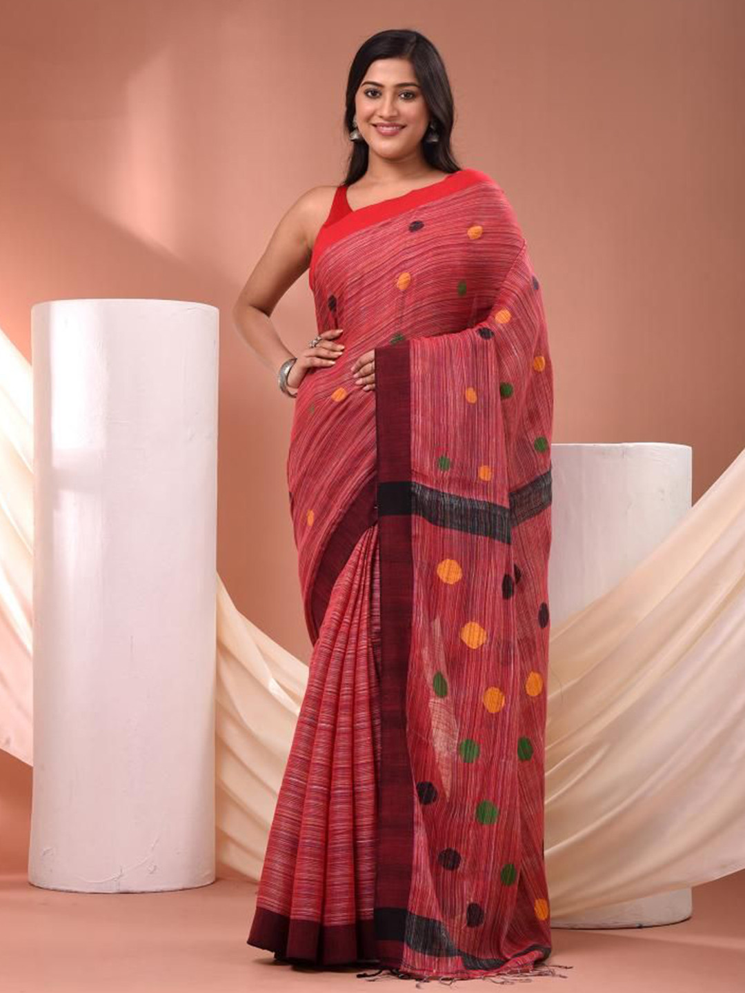 

VIBHAVARI Polka Dot Linen Blend Saree, Red
