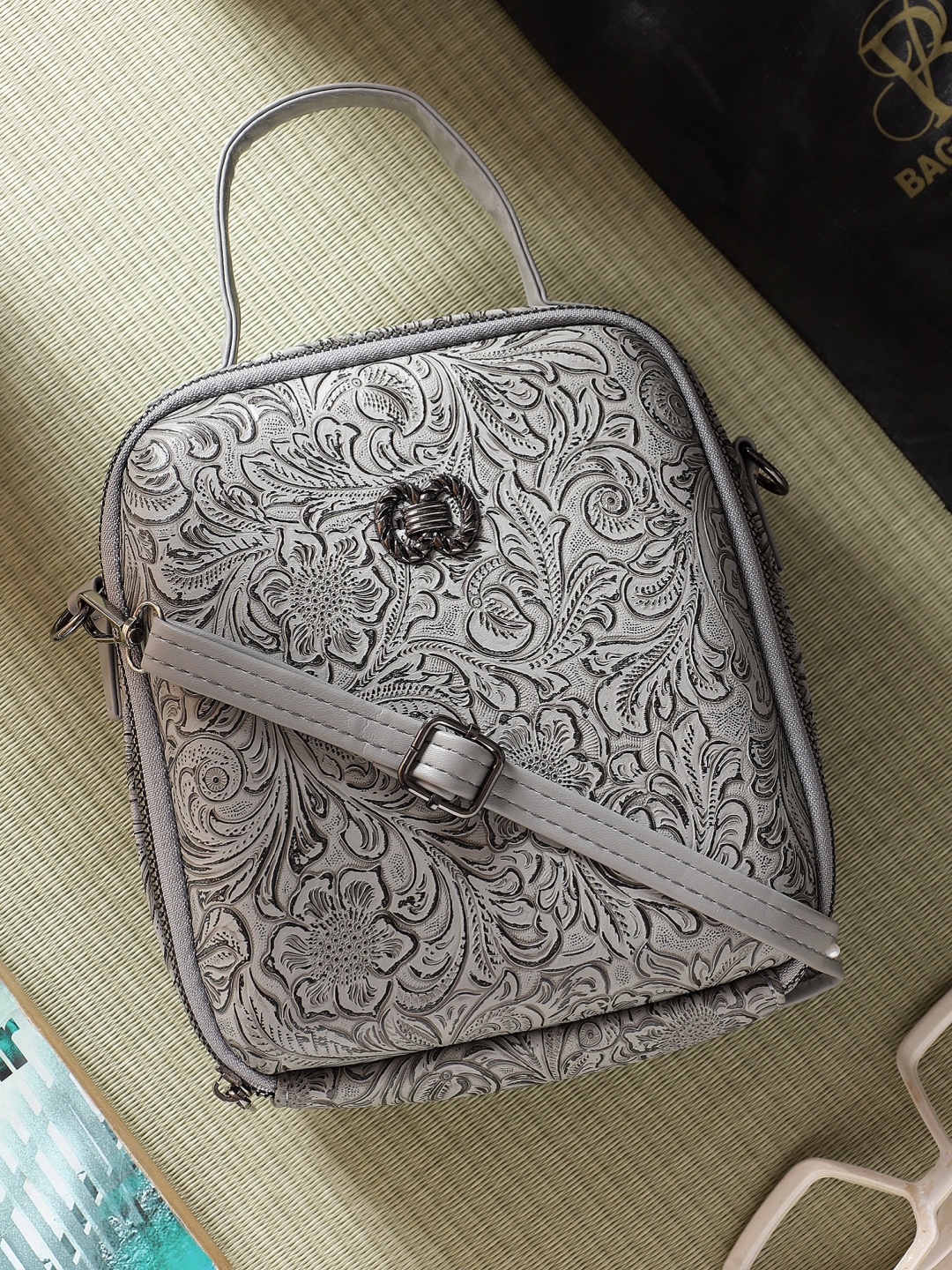 

Bag Pepper Ethnic Motifs Printed PU Half Moon Sling Bag, Grey