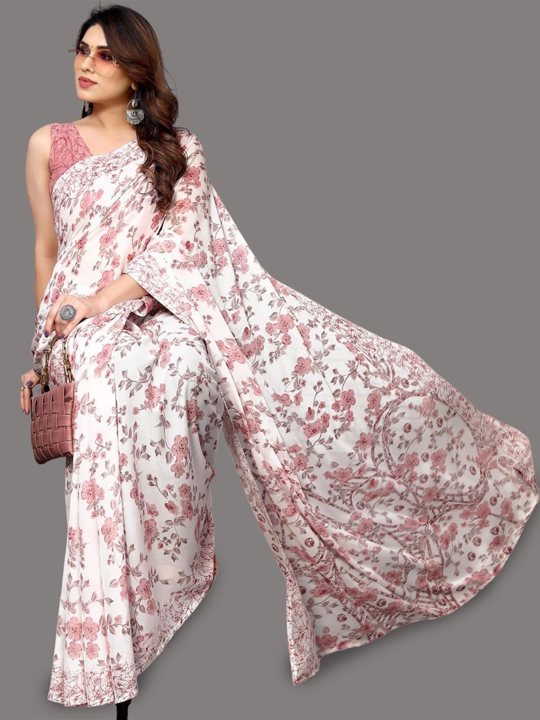 

HERE&NOW Floral Printed Saree, White