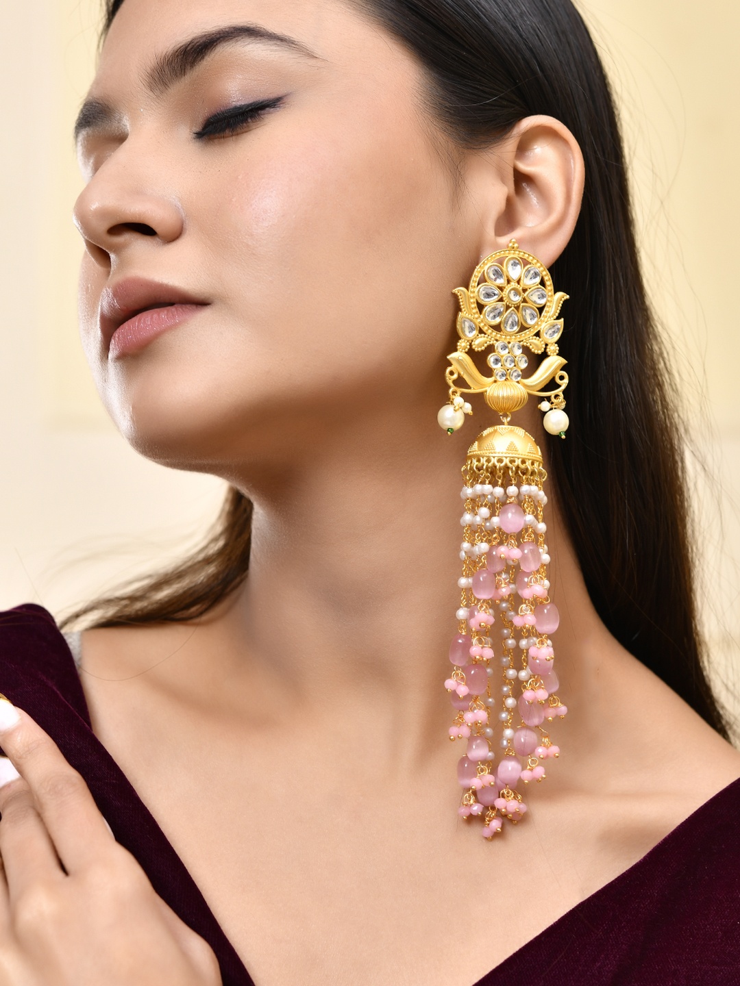 

Silvermerc Designs Gold-Plated Kundan Studded & Peals Contemporary Drop Earrings