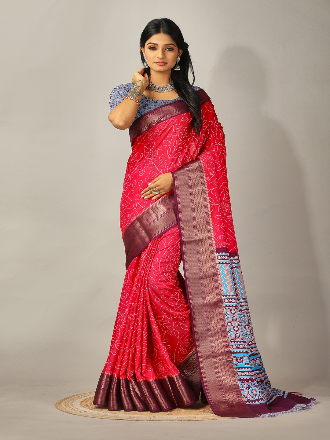 

NIRMAL CREATION Bandhani Printed Zari Pure Crepe Saree, Rose