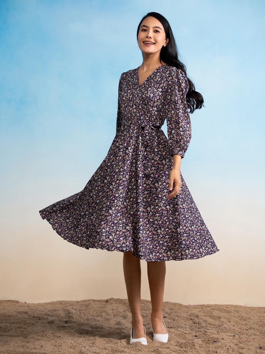 

DressBerry Floral Printed Puff Sleeve Crepe Wrap Dress, Navy blue