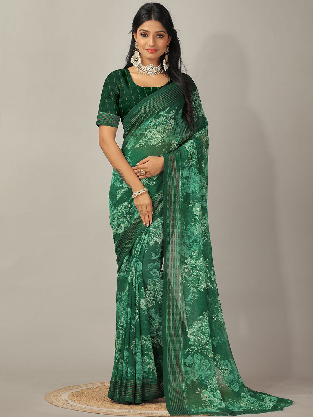 

NIRMAL CREATION Floral Printed Pure Georgette Saree, Green