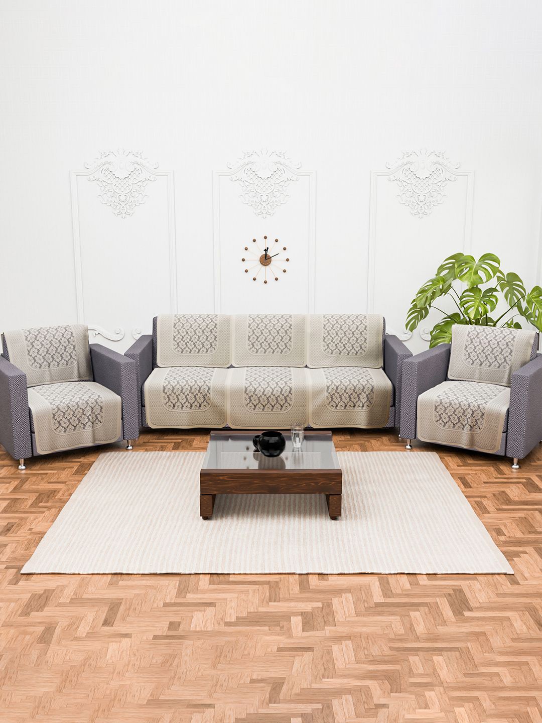 

Kuber Industries Cream-Coloured 10 Pieces Self Design Cotton 5 Seater Sofa Covers