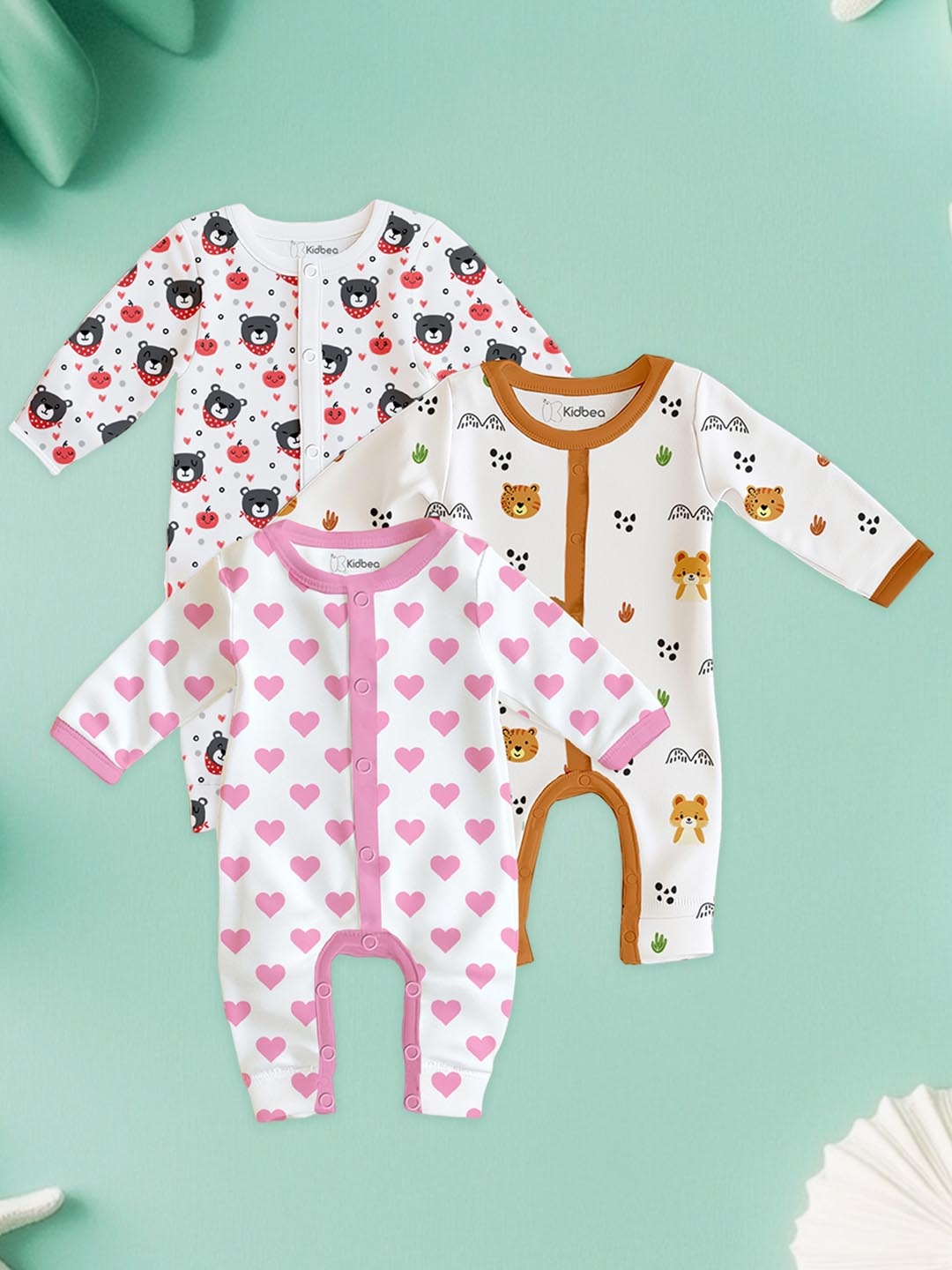 

Kidbea Kids Pack Of 3 Printed Pure Organic Cotton Rompers for Baby, Pink