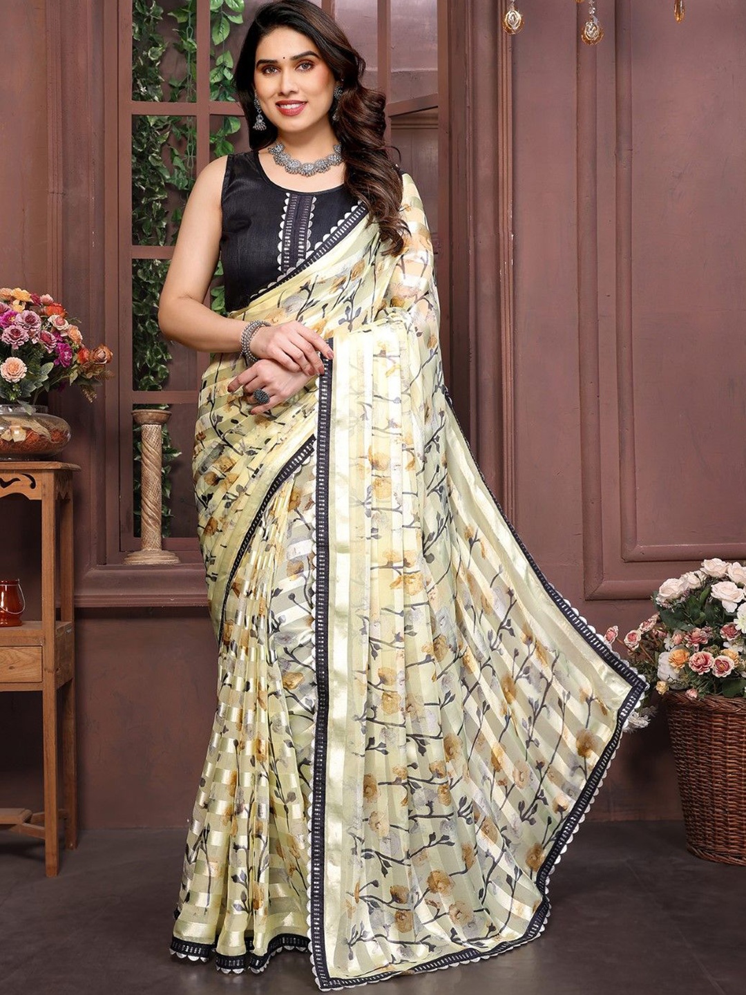 

KALINI Floral Printed Sequinned Satin Saree, Yellow