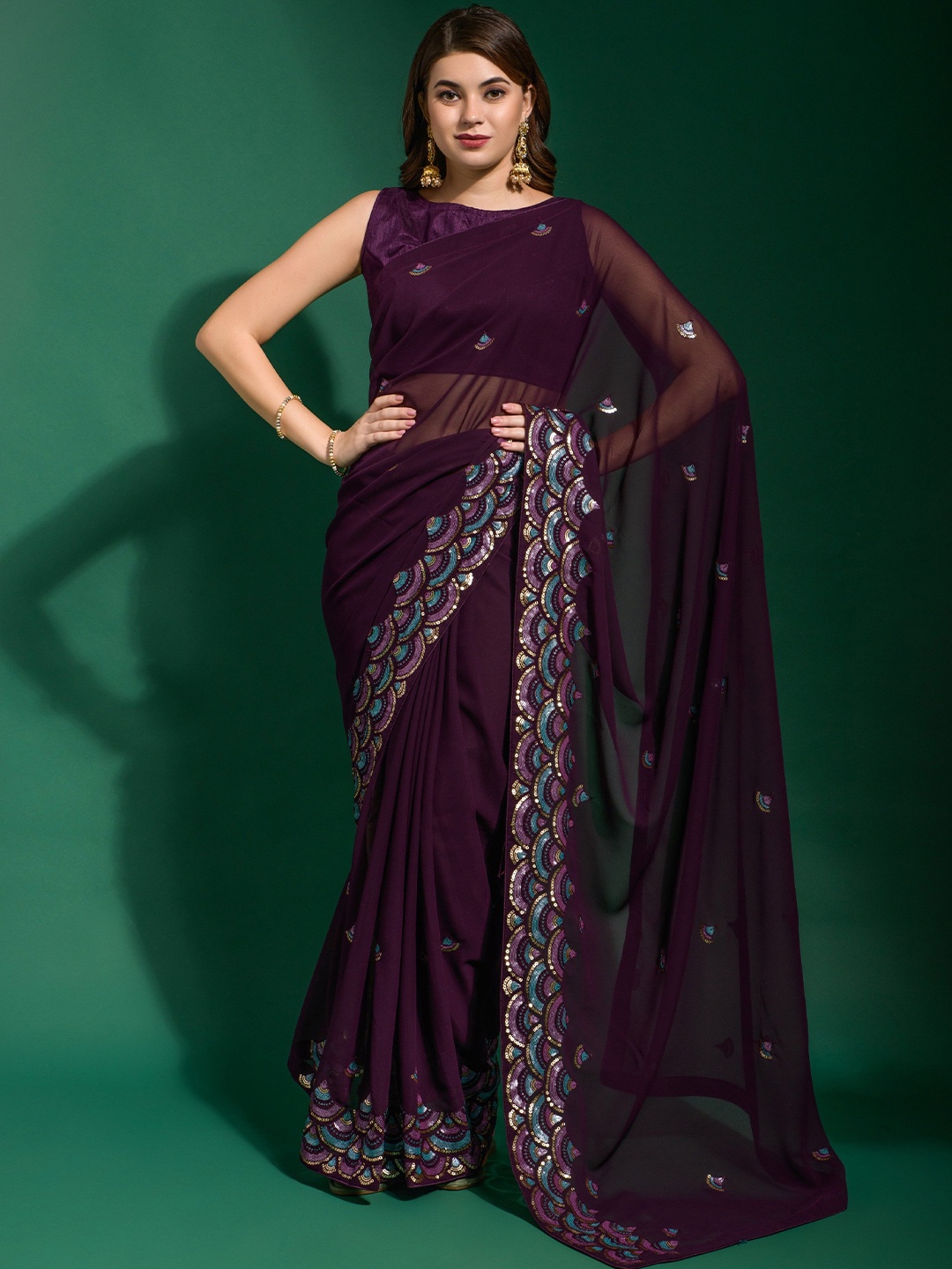 

Moda Rapido Embellished Sequinned Pure Georgette Saree, Purple