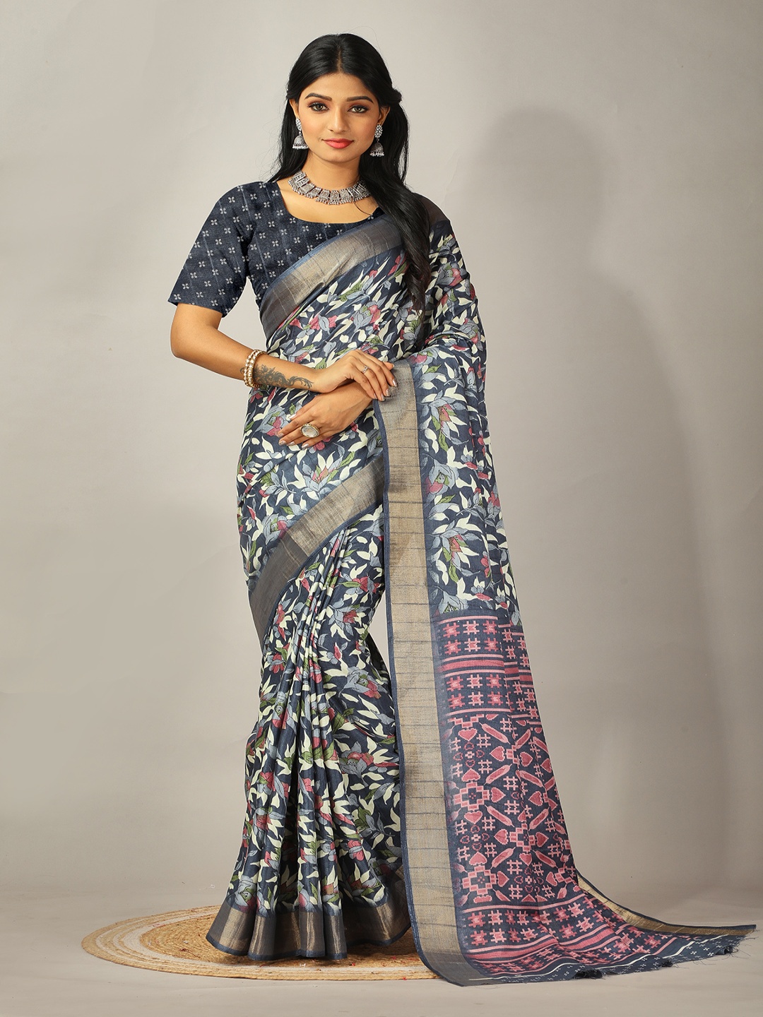 

NIRMAL CREATION Floral Printed Zari Pure Crepe Saree, Blue