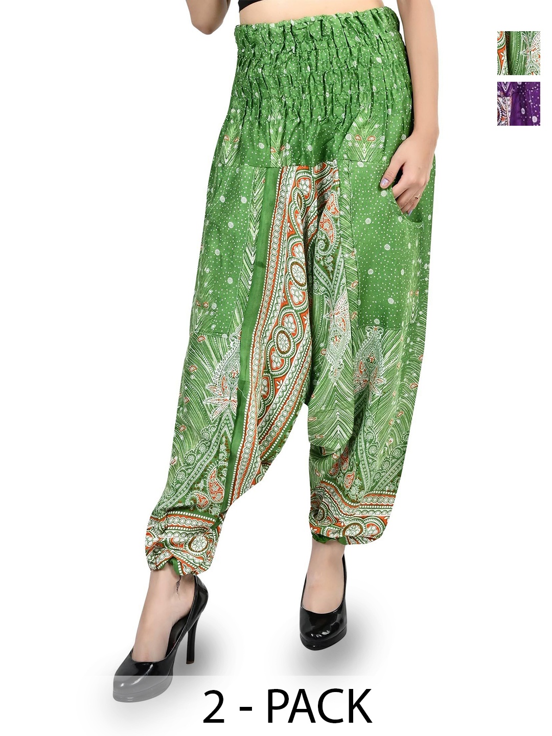 

NarNari Women Pack Of 2 Printed Loose-Fit Harem Pants, Green
