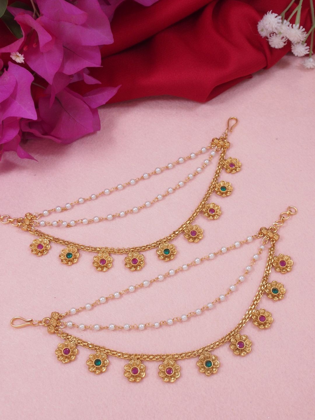 

I Jewels Gold-Plated Artificial Stones Studded & Beaded Contemporary Shaped Ear Chain