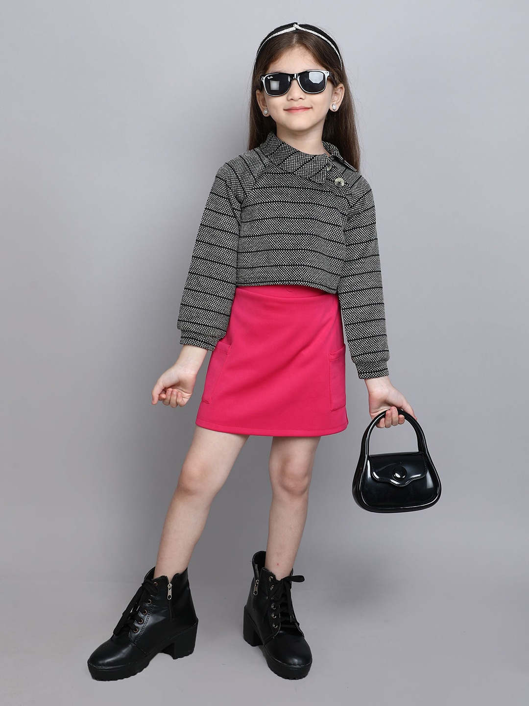 

taffykids Girls Striped Shirt Collar Top With Skirt, Black