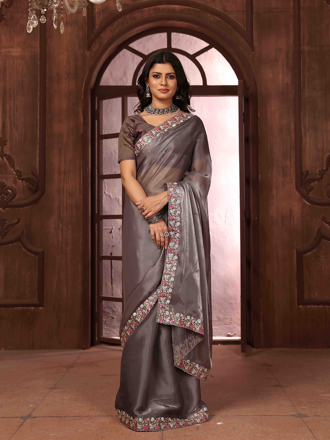 

Blissta Embroidered Party Wear Saree, Grey