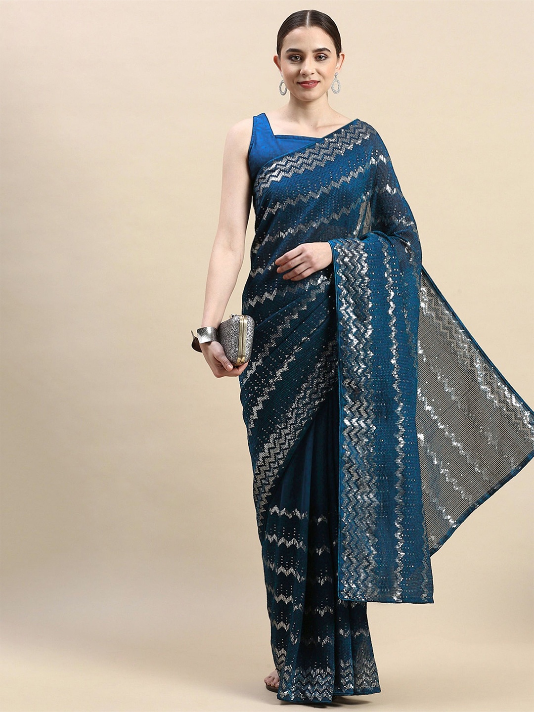 

Moda Rapido Embellished Sequinned Pure Georgette Saree, Navy blue