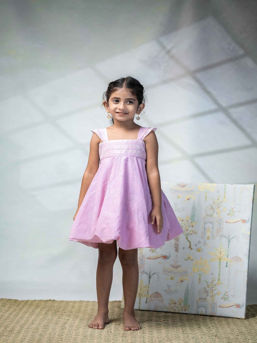 

MIRALI Striped Square Neck Cotton Balloon Dress, Pink
