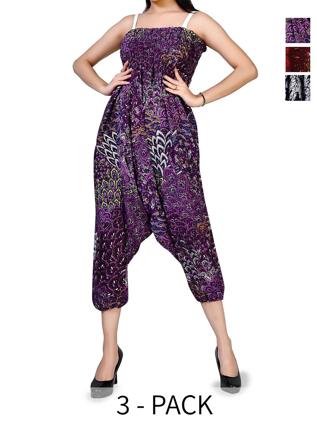 

NarNari Women Pack Of 3 Printed Mid-Rise Harem Pants, Black