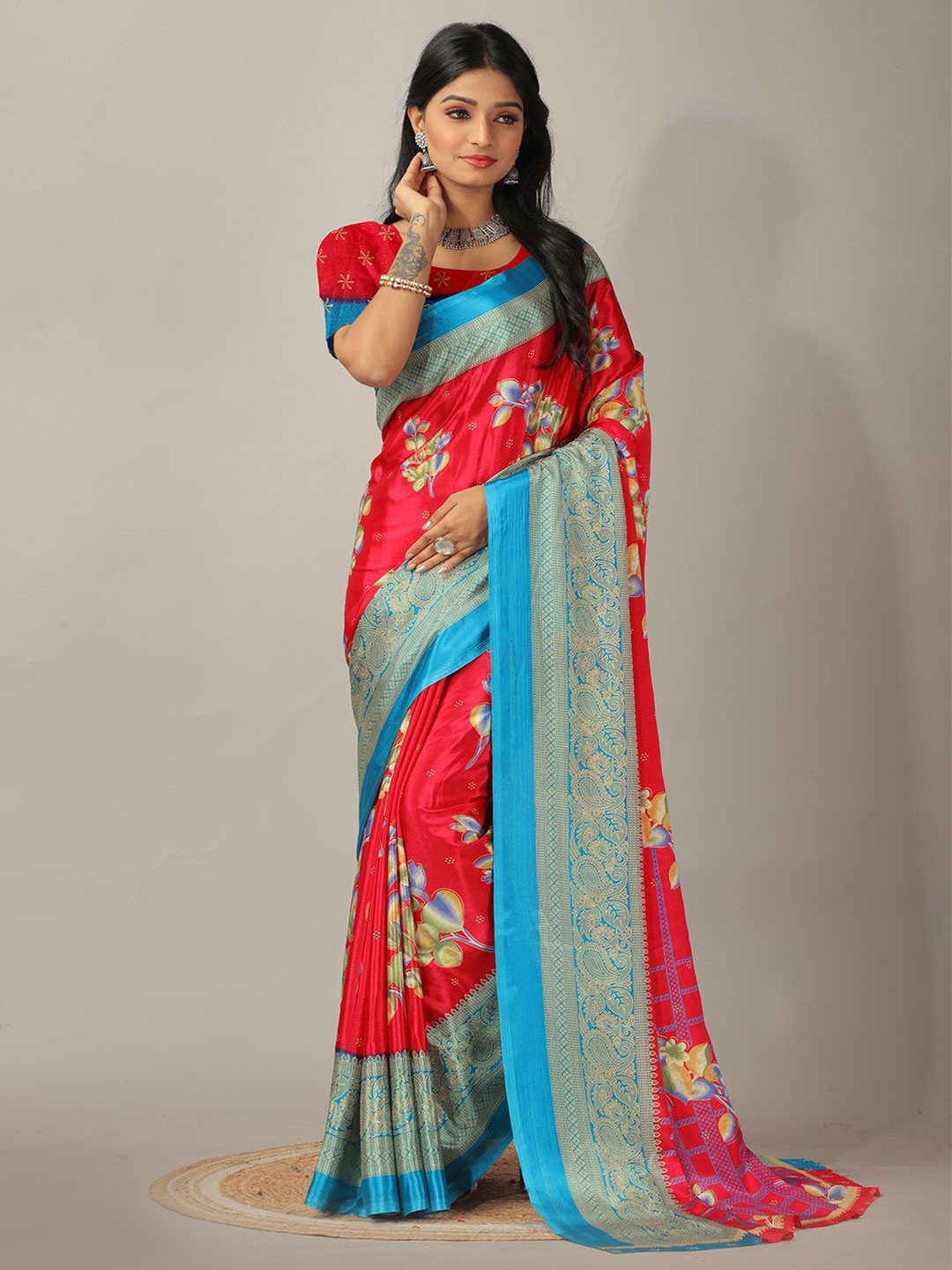 

NIRMAL CREATION Floral Printed Pure Crepe Saree, Red